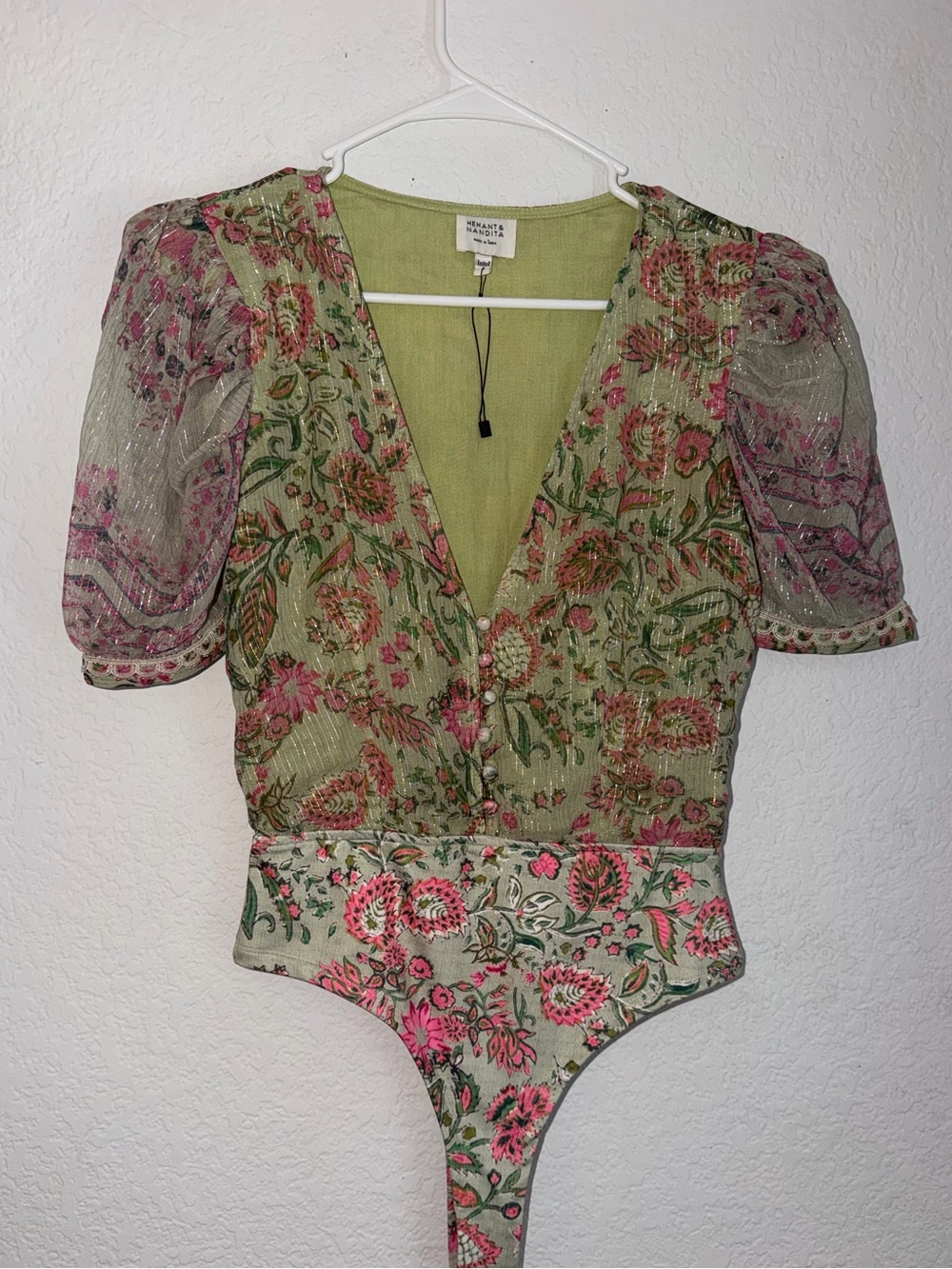 HEMANT & NANDITA Sage Green Floral V-Neck Puff Sleeve Top with Pink Accents - Picture 3 of 9